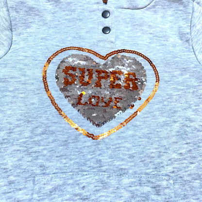 Sweat fille Orchestra 2 ans gris chiné avec cœur sequins réversibles et bandes pailletées, très bon état