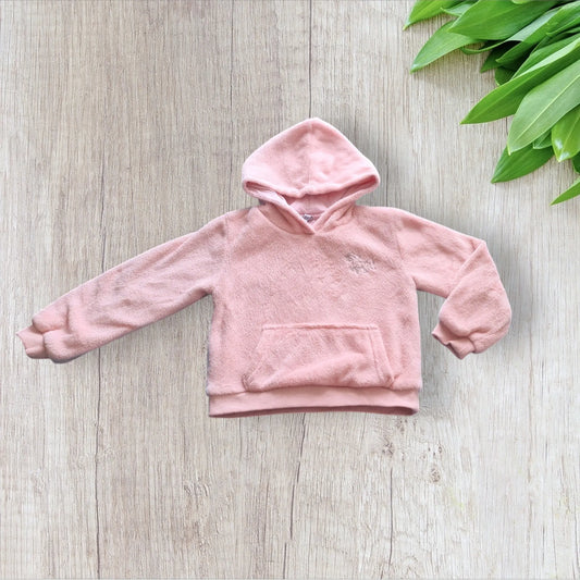 Sweat polaire à capuche fille 6 ans rose avec licorne argentée brodée, très bon état