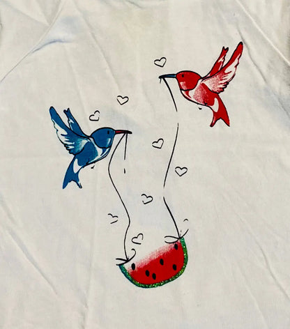 T-shirt Bébé Fille Blanc 6 Mois - Oiseaux et Pastèque Pailletée - Mes Petits Cailloux la petite friperie