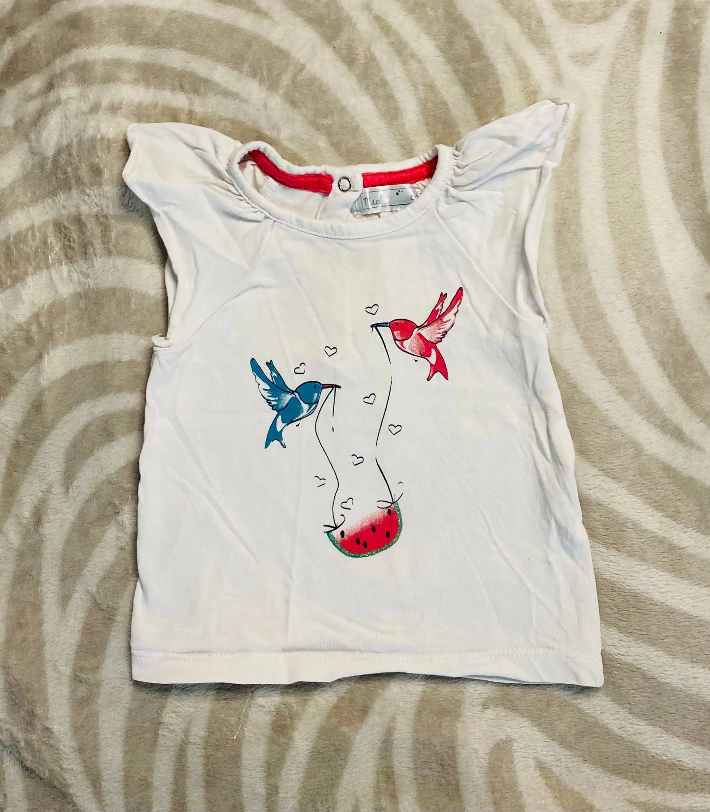 T-shirt Bébé Fille Blanc 6 Mois - Oiseaux et Pastèque Pailletée - Mes Petits Cailloux la petite friperie