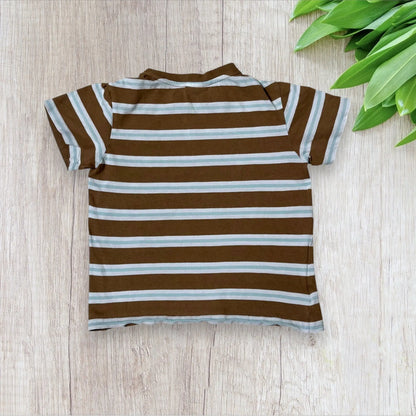 T-shirt Lacoste garçon 5 ans – manches courtes – rayé marron, blanc et bleu ciel. Lacoste