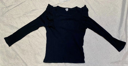 T-shirt Noir Rainuré avec Manches Longues et Volants - Fille 7 ans, Shein shein