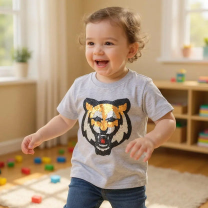 T-shirt enfant 5 ans Kiabi beige tigre sequins réversibles
