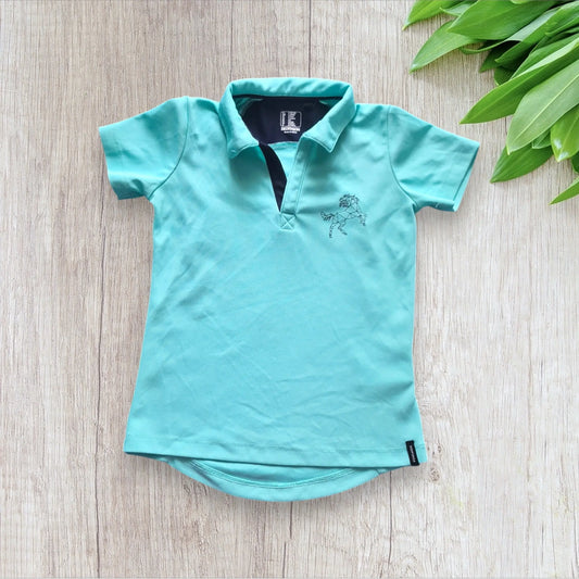 T-shirt équitation enfant Fouganza 6 ans turquoise et bleu marine, très bon état