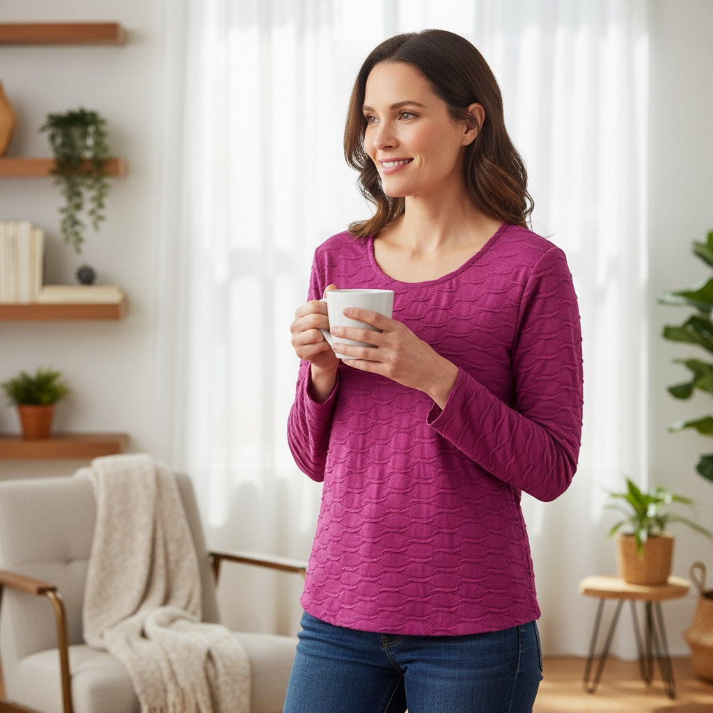 T-shirt femme Armand Thiery M violet à manches 3/4 et tissu texturé vagues