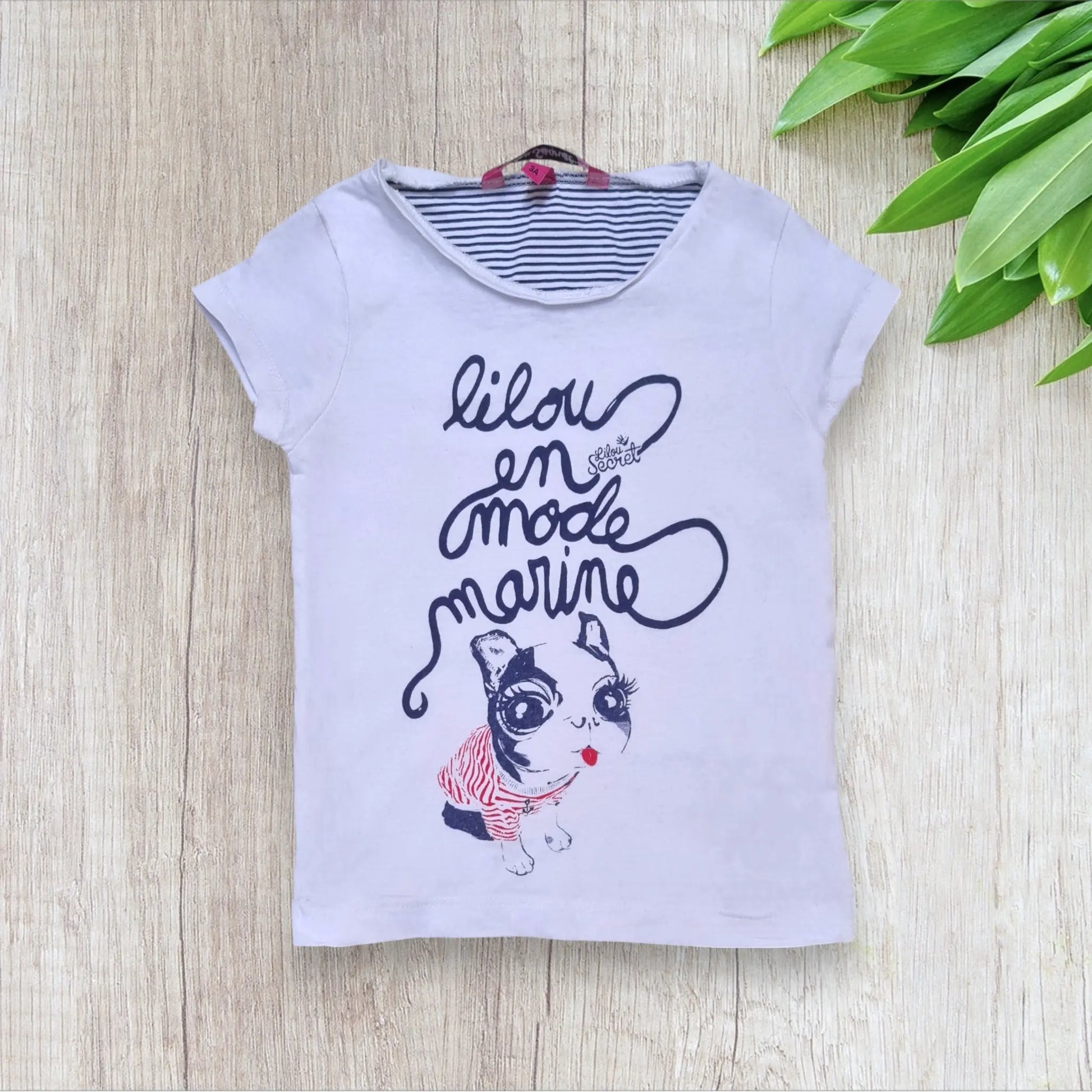 T-shirt fille blanc – 3 ans – Lilou Secret – Bulldog français marinière – Très bon état Lilou secret