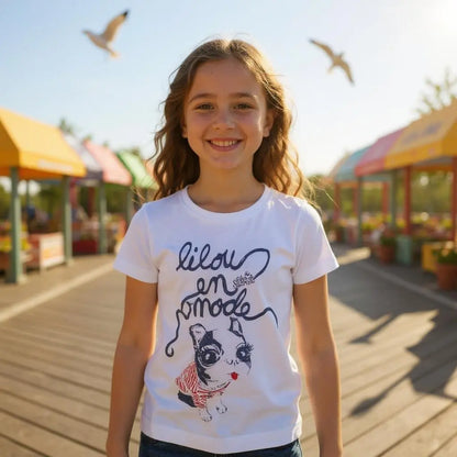 T-shirt fille blanc–3 ans–Lilou Secret–Bulldog français marinière–Très bon état Lilou secret