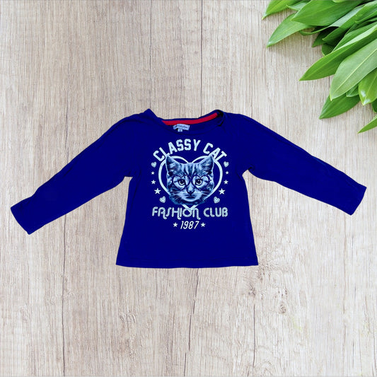 T-shirt fille– 4 ans – Bleu marine motif chat à paillettes superU