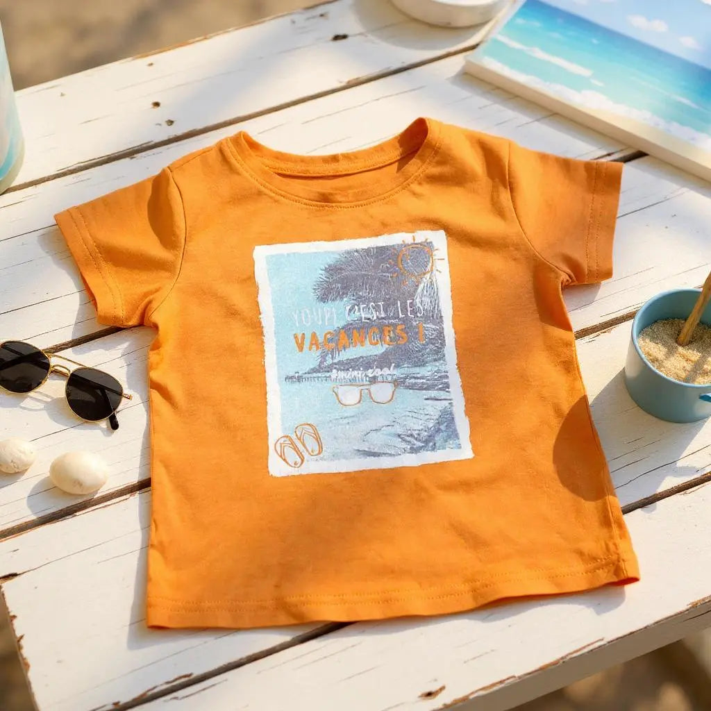 T-shirt garçon – 3 ans – Orange "Youpi c’est les vacances" – Esprit californien – Très bon état – Districenter districenter