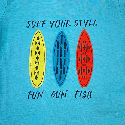 T-shirt garçon 3 ans turquoise avec broderies surfs – très bon état