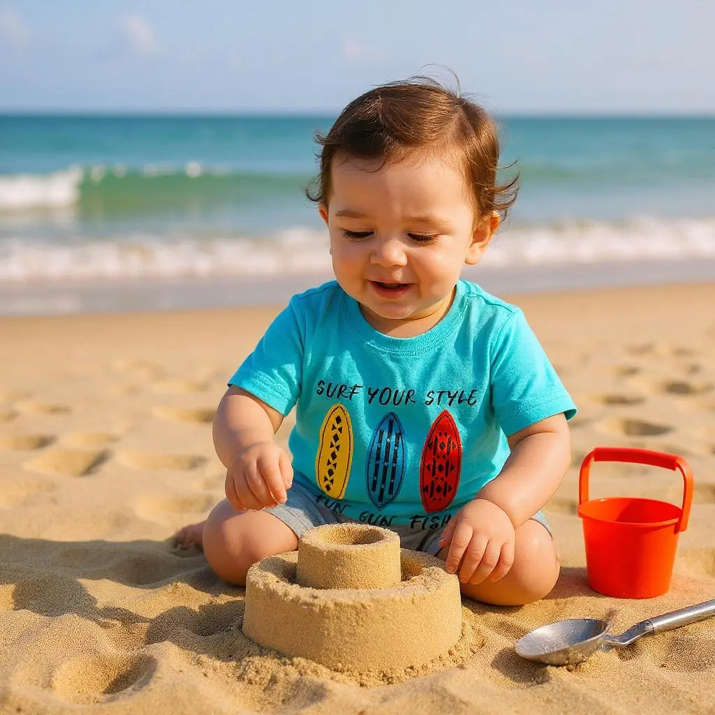 T-shirt garçon – 3 ans – Turquoise avec broderie surfs – Très bon état – Sans marque la petite friperie
