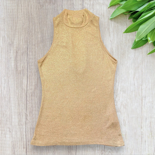 Top femme Morgan doré pailleté taille S sans manche et dos nu.