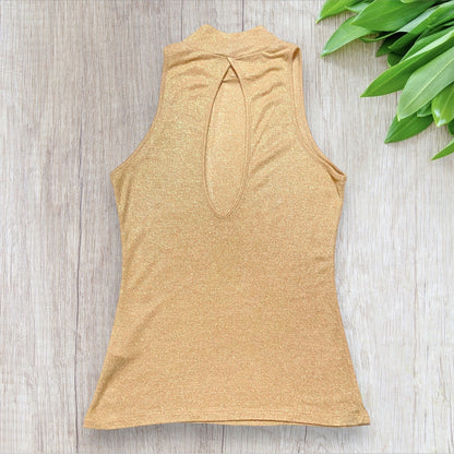 Top femme Morgan doré pailleté taille S sans manche et dos nu.