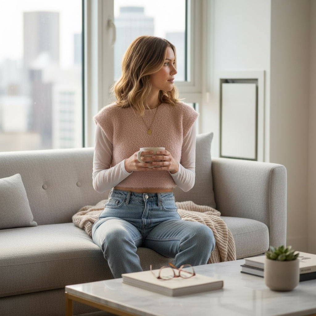 Top femme Zara M taupe en tricot effet poils.