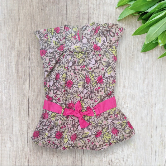 Tunique fille 4 ans beige motifs fleurs ceinture fuchsia