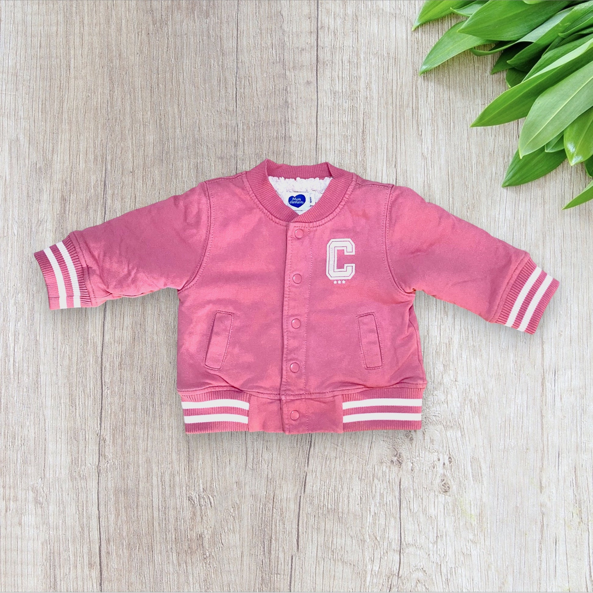 Veste bébé fille Mot d’Enfant 6 mois rose et blanche doublée polaire.