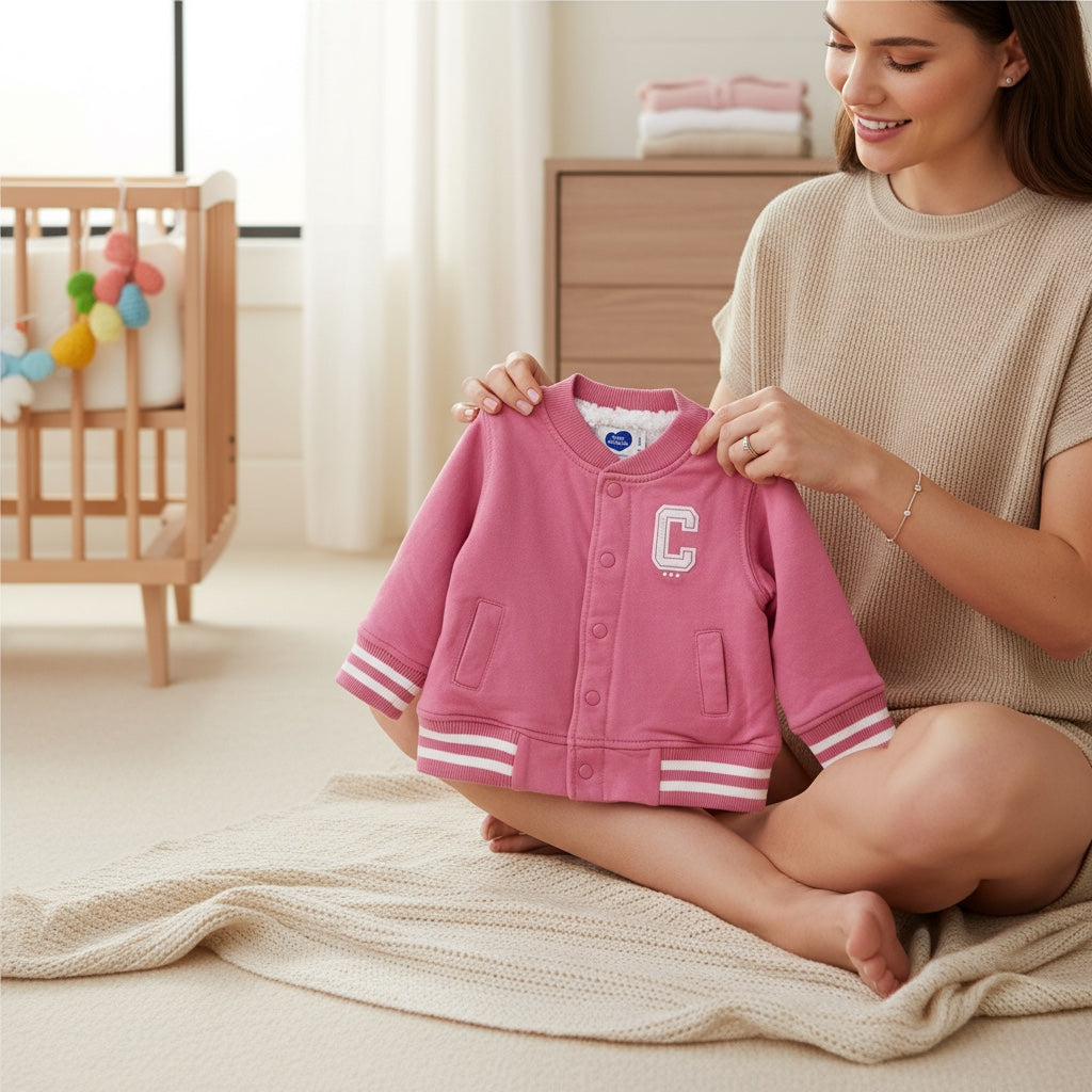Veste bébé fille Mot d’Enfant 6 mois rose et blanche doublée polaire.