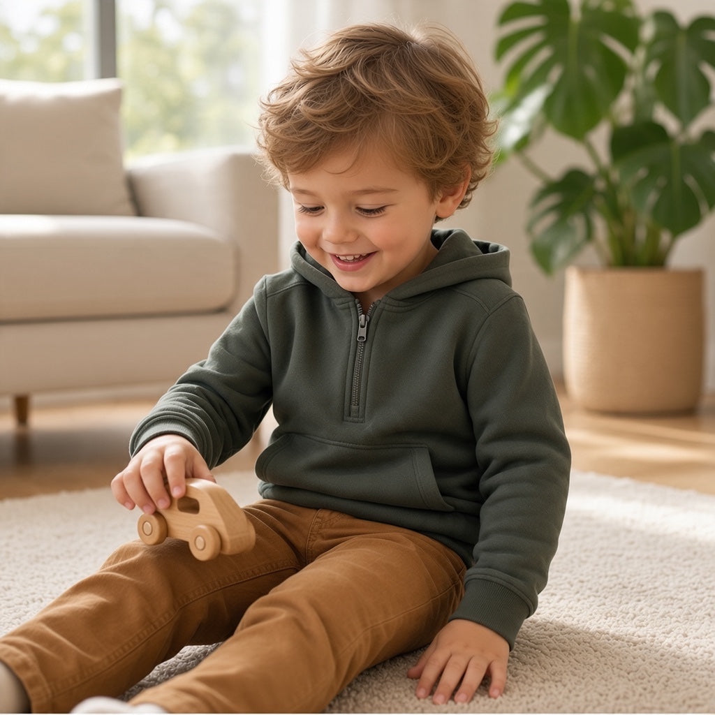 Ensemble garçon C&A taille 3 ans composé d'un sweat à capuche kaki avec poche kangourou et d'un pantalon camel.