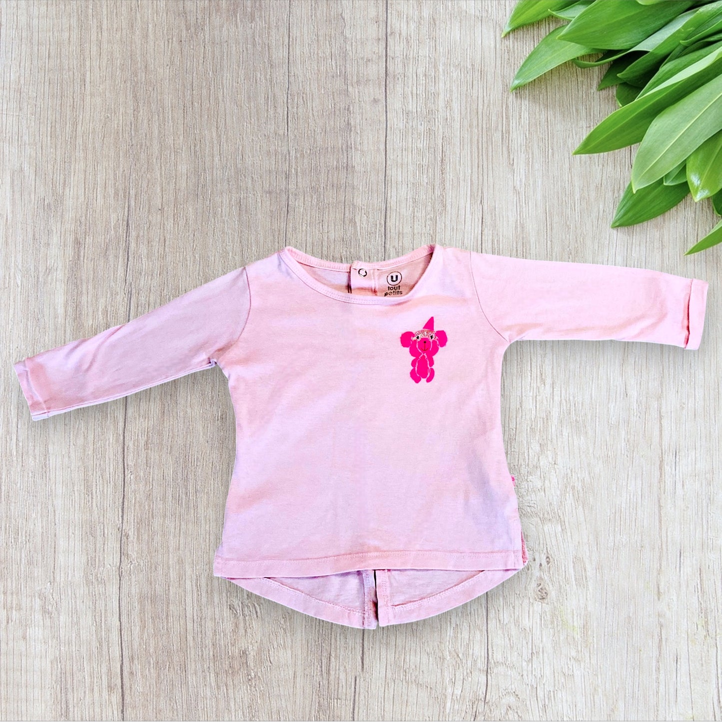 T-shirt Bébé Fille 6Mois - Super U, Rose Clair avec Ours Pailleté et Boutons Pression