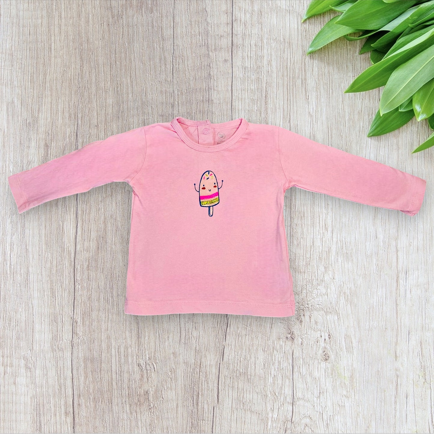T-shirt 6 Mois - 67 cm Rose avec Motif Glace Souriante - Manche Longue et Attache Dos - Super U