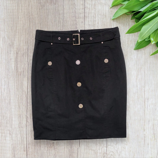 Jupe femme Morgan noire taille 38 avec ceinture métallique et boutons décoratifs.
