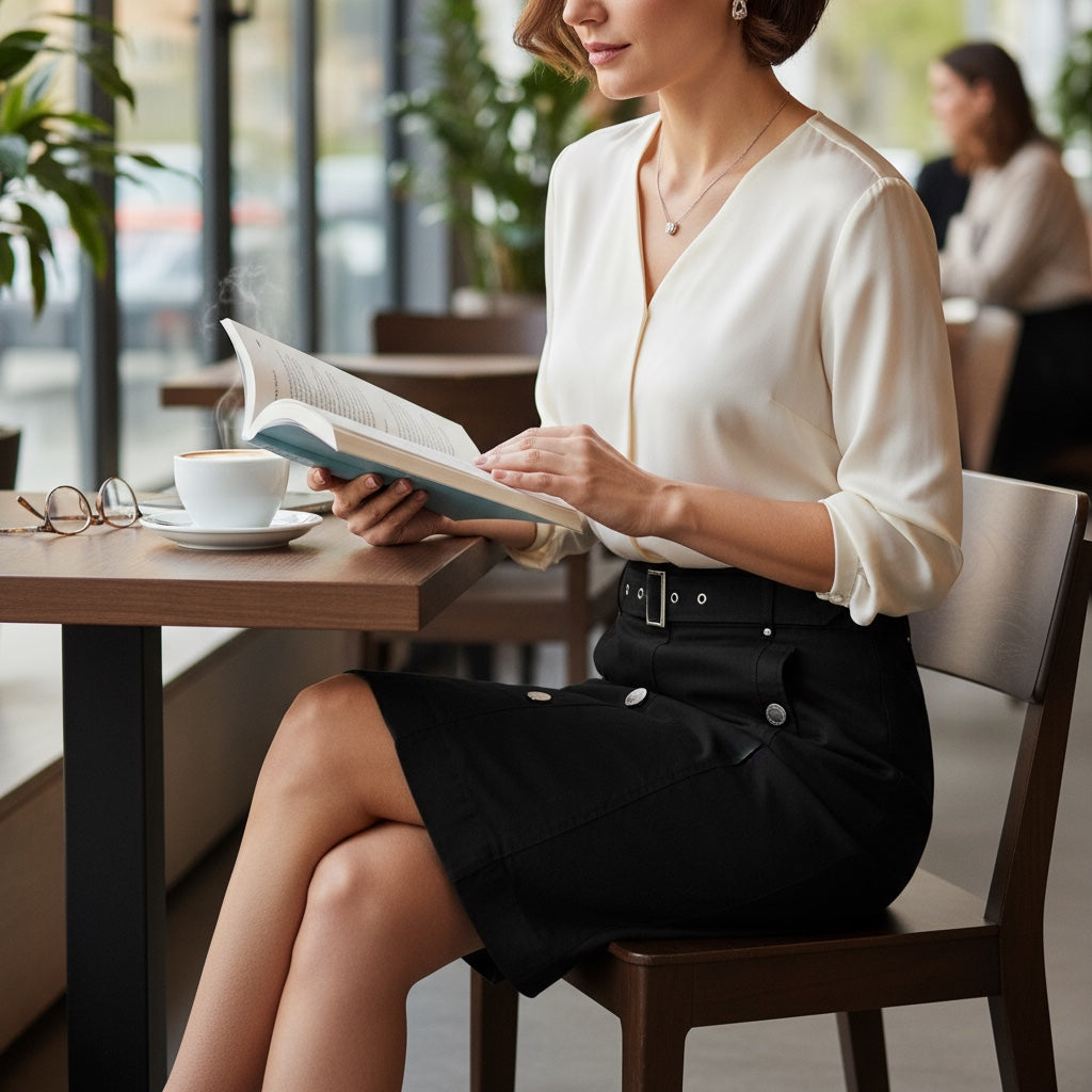 Jupe femme Morgan noire taille 38 avec ceinture métallique et boutons décoratifs.