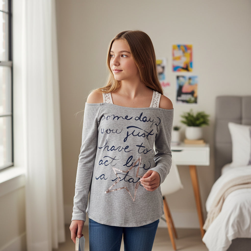 Haut Pull Fille 13-14 ans Sisley - Gris Épaules Dénudées et Détails Dentelle