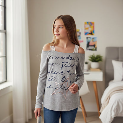 Haut Pull Fille 13-14 ans Sisley - Gris Épaules Dénudées et Détails Dentelle