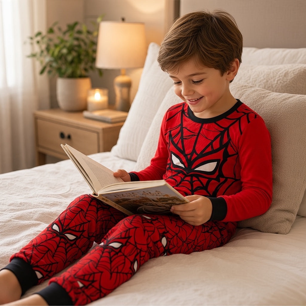 Lot de vêtements de nuit garçon Shein 5 ans Spiderman comprenant deux hauts à manches longues et un pantalon rouge imprimé de toiles d'araignée.