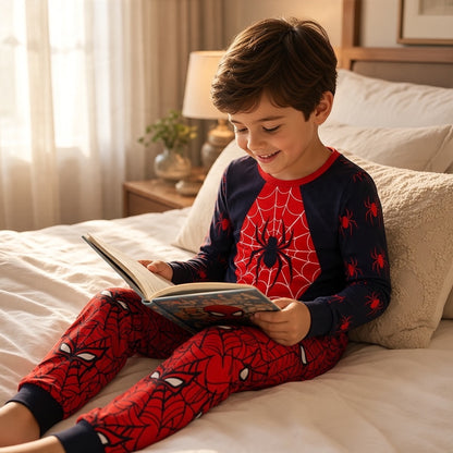 Lot de vêtements de nuit garçon Shein 5 ans Spiderman comprenant deux hauts à manches longues et un pantalon rouge imprimé de toiles d'araignée.