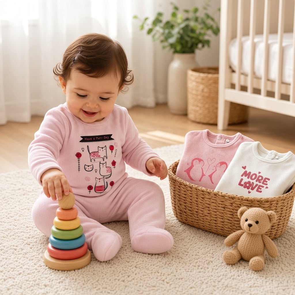 Lot de 3 pyjamas bébé fille Orchestra taille 6 mois, deux roses et un écru, à motifs pingouins, chats et inscription More Love.