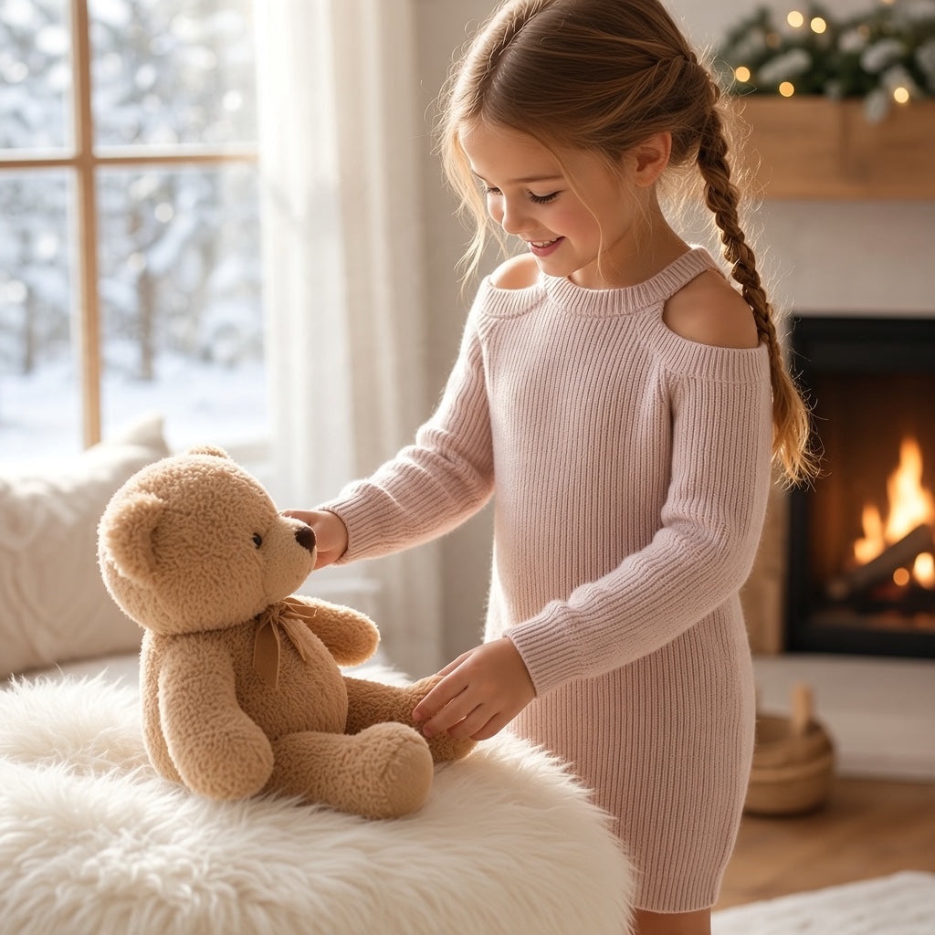 Robe pull fille Shein 6 ans crème en maille côtelée, manches longues et épaules dénudées.