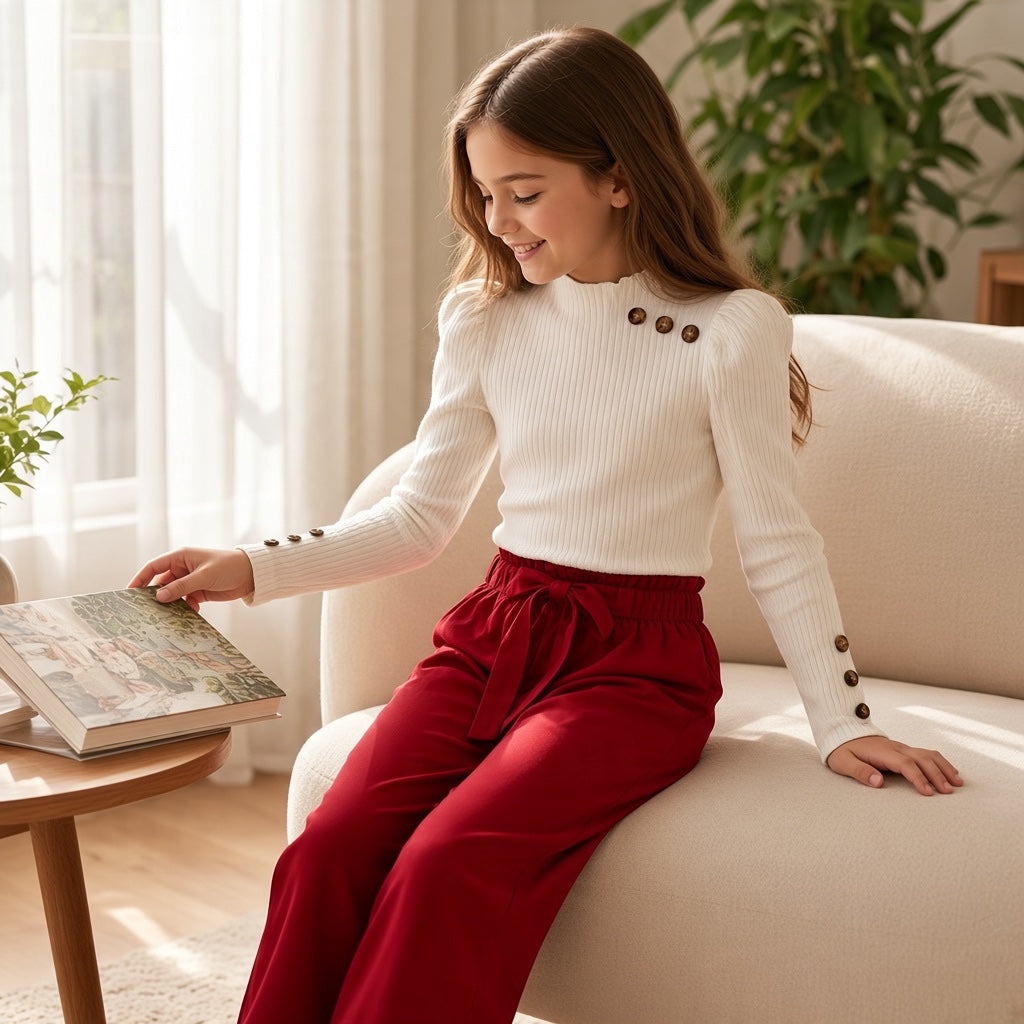 Ensemble fille Shein 8 ans avec haut blanc côtelé à boutons marron et pantalon rouge avec ceinture à nouer.