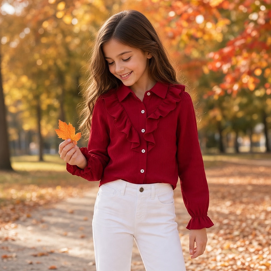 Ensemble fille Shein 8 ans composé d'une chemise rouge bordeaux à volants et d'un jean blanc à boutons.