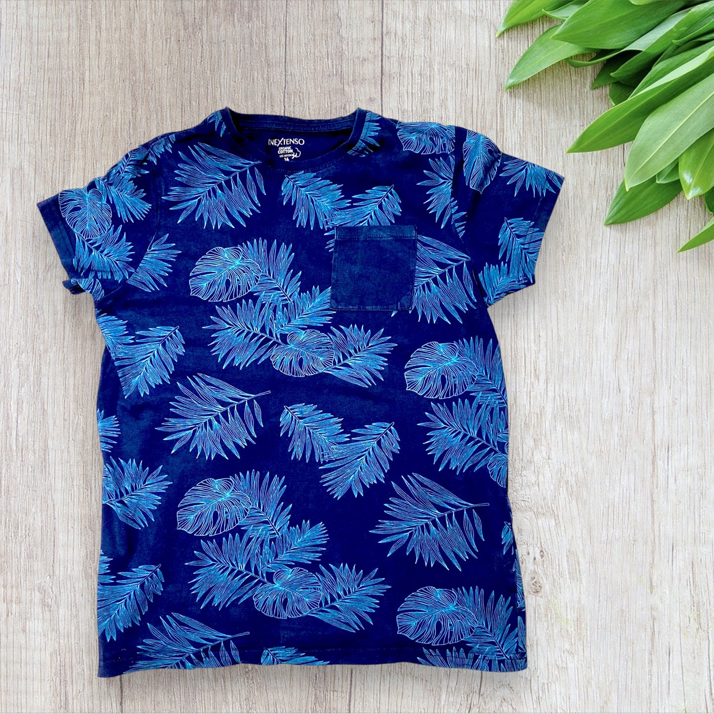 T-shirt Ado Garçon Bleu Foncé avec Imprimé Feuilles Tropicales, Taille 14 Ans (155-167 cm) - Marque In Extenso, Auchan