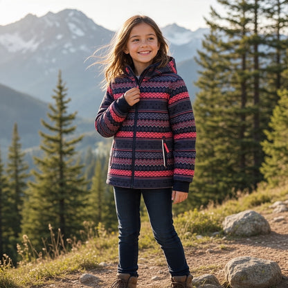 Veste de ski fille Crivit 7-8 ans bleu marine à motifs géométriques roses, blancs et violets, avec capuche, poches zippées et passe-pouces.