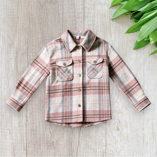 Veste légère fille Lili Marelle 8 ans à carreaux rose, blanc, bordeaux et gris avec deux poches poitrine.